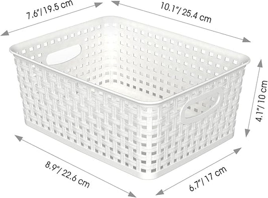 WYT Woven Plastic Storage Baskets, 6 Pack White Weave Bins Organizer, 10.1" x 7.55" x 4.1"