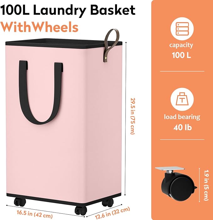 SpaceTrove Rolling Laundry Basket with Wheels, Laundry Hamper, 100L, Pink | Collapsible, 4 detachable wheels including 2 with brakes, sturdy handle, metal frame, for dorms, bathrooms and bedrooms