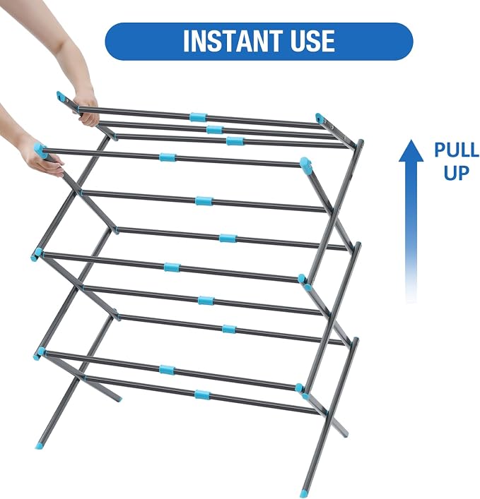 APEXCHASER Oversize 3-Tier Clothes Drying Rack, No Install, Graphite | Expandable Design, Non-slip feet, Tool-free Setup, Rust Prevention, Sturdy Construction, 14.9" D x 29.3" W, Holds 24lbs