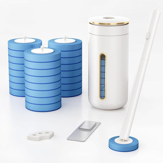 Disposable Toilet Brush with 32 Refill Heads and Holder- Clean Brush Starter Kit with 1 Toilet Wand, 1 Storage Caddy and 1 Fragrant Tablet (1 + 32)