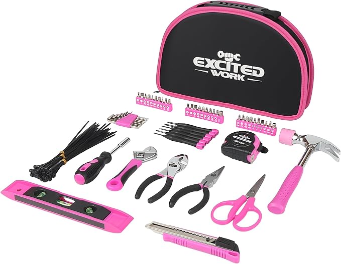 89 Piece Pink Tool kit, Ladies Hand Tool Set with Easy Carrying Round Pouch Household Tool Kit Perfect for DIY, Home Maintenance and Dorm Repair | Compact & Portable, Perfect for DIY & Home Repair, Includes Round Storage Pouch