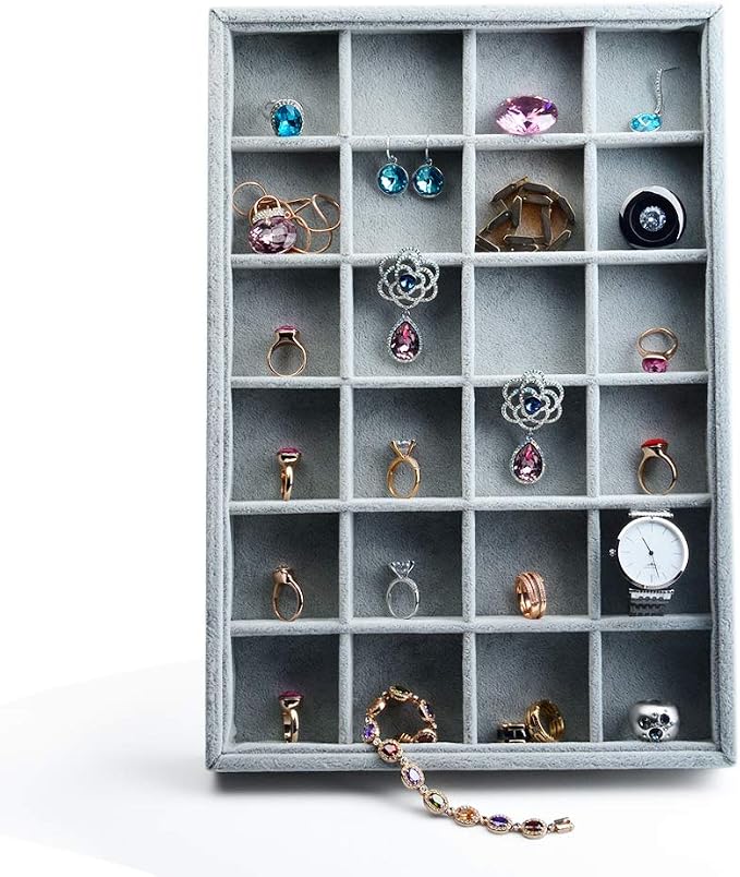 Oirlv Velvet Jewelry Tray for Drawer,Rings Earrings Organizer,24 Grids | Stackable and Portable, Ideal for Retail Showcase, Trade Shows and Personal Jewelry Collection,Fits Nicely in Dresser Drawer
