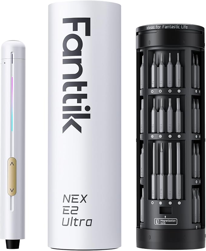 Fanttik E2 Ultra Electric Screwdriver, Precision Screwdriver Set (White) | 50 Magnetic Bits, 5/32''Hex Shank, 0.6N.m, RevoStor Magnetic Storage, Repair Kit for PC, Phone, 3D Printer, RC Cars, Drone