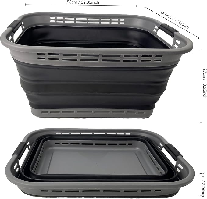 SAMMART 42L (11 Gallons) Collapsible Plastic Laundry Basket - Foldable Pop Up Storage Container/Organizer - Portable Washing Tub - Space Saving Hamper/Basket [BPA Free] (Grey/Black (Set of 2))
