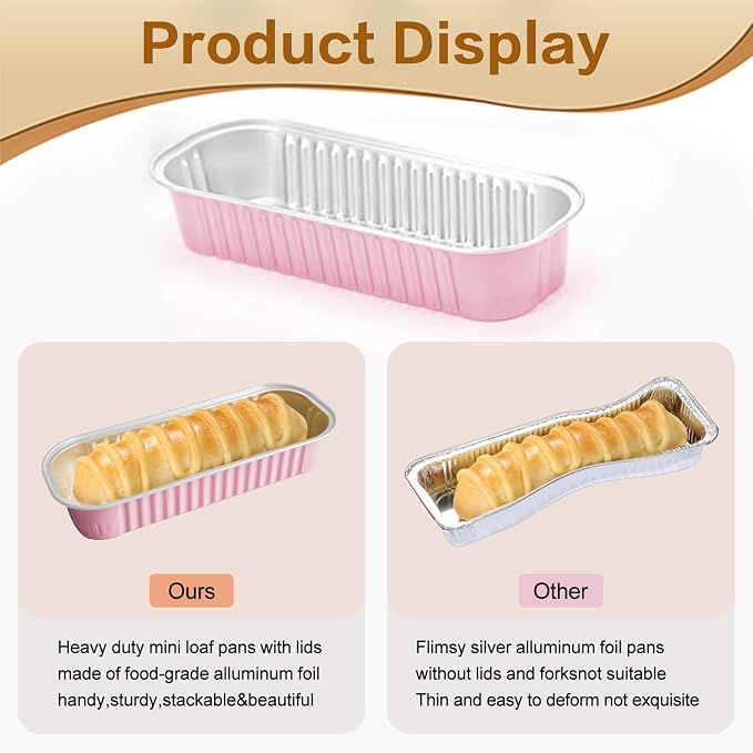 Mini Cake Pans with Lids and Spoons 200 Pack, Mini Loaf Pans with lids 6.8oz, Small Disposable Aluminum Foil Loaf Pans, Rectangular Baking Container for Party, Picnics and Birthday (Pink)
