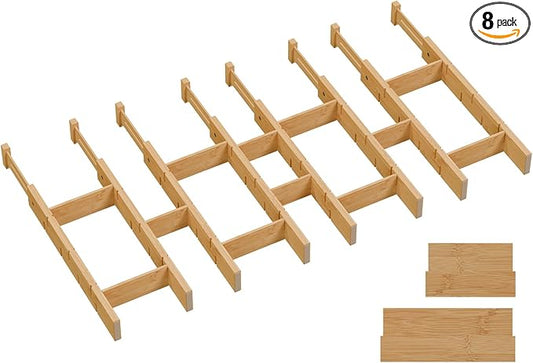 Bamboo Drawer Dividers, Expandable Kitchen Drawer Organizer, Include 8 Dividers, 8 Small Inserts and 8 Medium Inserts for Home, Office, Dressers (Short-8 Dividers)