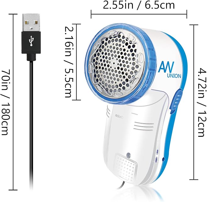 Fabric Shaver Lint Remover, AW union USB Powered Lint Shaver Efficiently Remove Lints from Fabrics, Clothes, Upholstery - 70" Cord - 2 Replacement Blade - Blue
