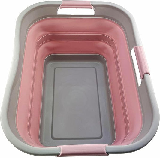 SAMMART 30L (8 gallon) Collapsible Plastic Laundry Basket-Foldable Pop Up Storage Container/Organizer-Portable Washing Tub-Space Saving Hamper/Basket (1, Grey/Pale Pink)