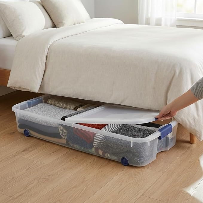 66 Quart Underbed Storage Bin with Wheels & Clear Lid, Under Bed Storage Container for Blankets, 39.5" x 20.25" x 7", Split-Lid Design & Smooth Gliding Wheels