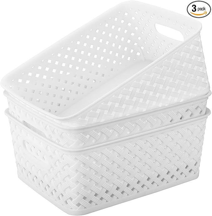 MaxGear Organization and Storage 3 Packs, Plastic Bins Organizer Bins, Woven Baskets for Storage, Plastic Baskets with Handles White Basket for Organizing, Basket Organizer for Home and Office, Medium