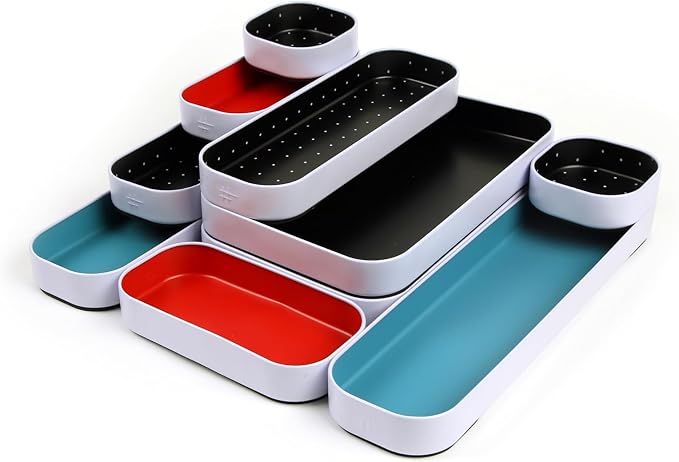Three by Three Seattle Metal Drawer Organizer Tray Set, 10-Pc, 1" (Multi) | Colorful food-safe metal bins; soft non-scratch base; organize utensils, makeup & supplies across every room