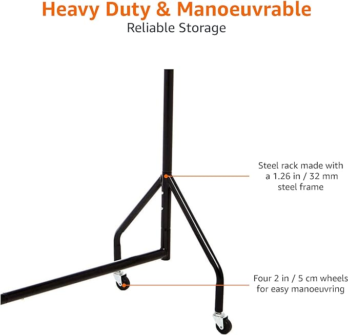 Amazon Basics Heavy Duty Portable Rolling Garment Rack, Hanging Clothes Organizer Rail for Display and Storage, Easy to Assemble, 19 x 60 x 48 inches, Black