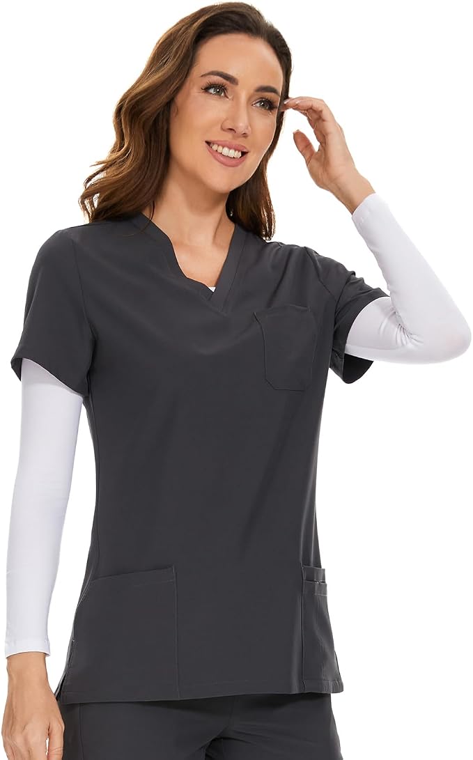 Scrubs Tops for Woman - Soft Stretch, V-Neck Tops | 3 Pockets, Side Split Design, Short Sleeve, Breathable & Lightweight Nursing Shirt, Easy-Care Fabric for All-Day Comfort