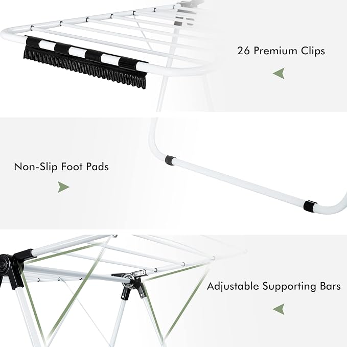 GOFLAME 2-Tier Clothes Drying Rack, Folding Laundry Dry Rack with Adjustable Supporting Bar, 26 Premium Clips, Space-Saving & Collapsible Laundry Hanger for Easy Storage, No Assembly Needed