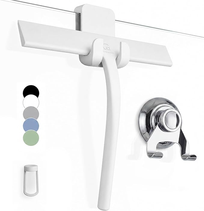 GÜTEWERK Silicone Shower Squeegee for Glass Doors & Mirrors with Stainless Steel Core, Streak-Free & No-Squeak Window Cleaning, 3-in-1 No-Drill Mount (Hook/Suction/Adhesive),White, 9 Inches