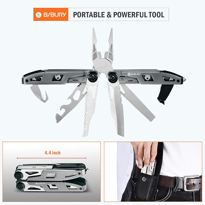 BIBURY 18-in-1 Multitool Pliers with Titanium-Plated Handle & Safety Hammer | Safety Locking, Nylon Sheath, Pocket Knife, Ideal for Outdoor, Survival, Camping, Hiking, Home Repair, Gift for Men