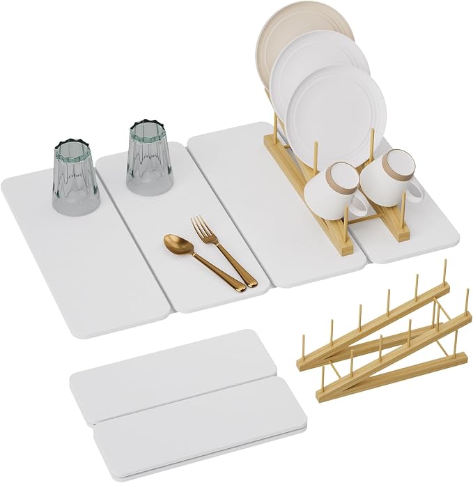 2-in-1 Stone Dish Drying Mat and Bamboo Dish Rack Combo, 24x16 Inch Super Absorbent Fast Dry Diatomaceous Earth Dish Drying Mat, Foldable Space Saver for Kitchen Counter Bathroom Apartment