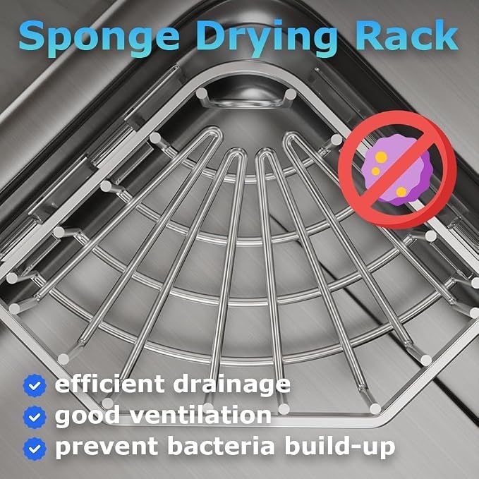 Corner Sink Caddy Sponge Holder - Stainless Steel Kitchen Sink Organizer, Triangle Adhesive Soap Holder with 2 Hooks for Kitchen & Bathroom, 13.5cm13.5cm 9cm
