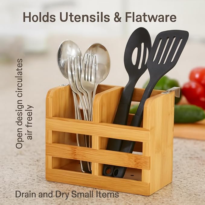 HIC Kitchen Bamboo Dish Rack Caddy, Natural Bamboo, Drying Organizer | Stainless Steel Hooks, Fits Rack #97086, Elevated Airflow Design, Fast Water Evaporation, Rinse Clean