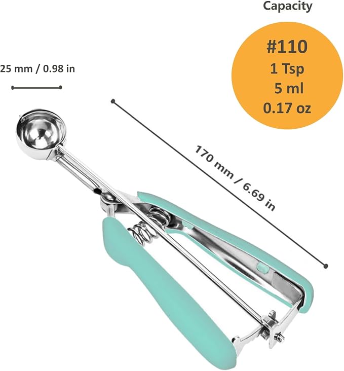 Cookie Scoop, Extra Small Cookie Scoop for Baking, 1 tsp / 5 ml Cookie Scooper, 18/8 Stainless Steel Cookie Scooper for Baking, Cookie Dough Scoop with Non-slip Grip (Mint)