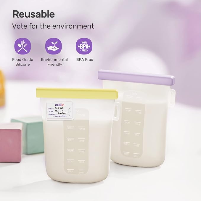 Nuliie 7 Pcs Reusable Silicone Breastmilk Storage Bags, 12oz/360ml Double Leak-Proof, BPA Free Self-Standing Milk Bags for Breastfeeding, Baby Food Pouches