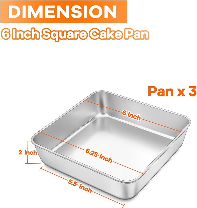 TeamFar 6 In Square Cake Pan, Stainless Steel Mini Square Lasagna Cake Brownie Pan for Baking Roasting, Non-Toxic & Sturdy, One Piece Design & Smooth, Easy Clean & Dishwasher Safe, 3 Pcs
