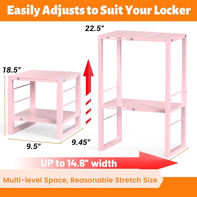 LIDTOP Locker Organizer Shelf Pink, Metal Adjustable Width and Height, Ideal Locker for School, Office, and Gym Lockers, Locker Shelves Organization Accessories