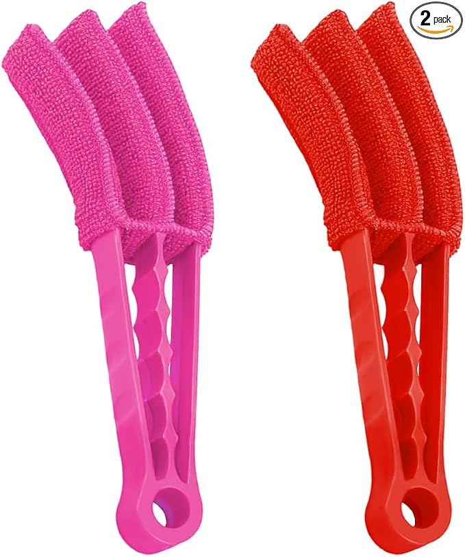 DXNQ 2 PCS Blind Cleaner Duster Tool, Window Venetian Hand-held 3 Arm Dusting Cleaner Brush, Blinds Cleaning Brush Tool for Window Shutters Air Conditioner, Car Accessories (Red+Pink)