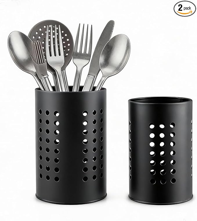 2PCS Stainless Steel Kitchen Utensil Holder, Utensil Caddy & Organizer for Drying Cooking Spoons Utility Sturdy Home Kitchen Daily Use Utensil Drainer (BLack)