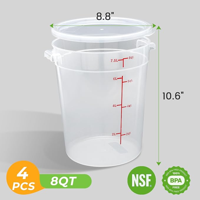 BIEAMA 4 Pack 8 Qt Round Food Storage Containers with Lids, Translucent PP | Include lids, labels, measuring cups and containers with capacity markings for food prep, pantry storage and dough proofing.