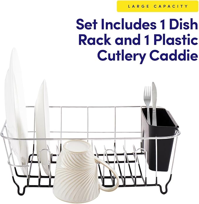 Sweet Home Collection 2 Piece Dish Drying Rack Set Drainer with Utensil Holder Simple Easy to Use Fits in Most Sinks, 14.5" x 13" x 5.25", Black (Pack of 12)