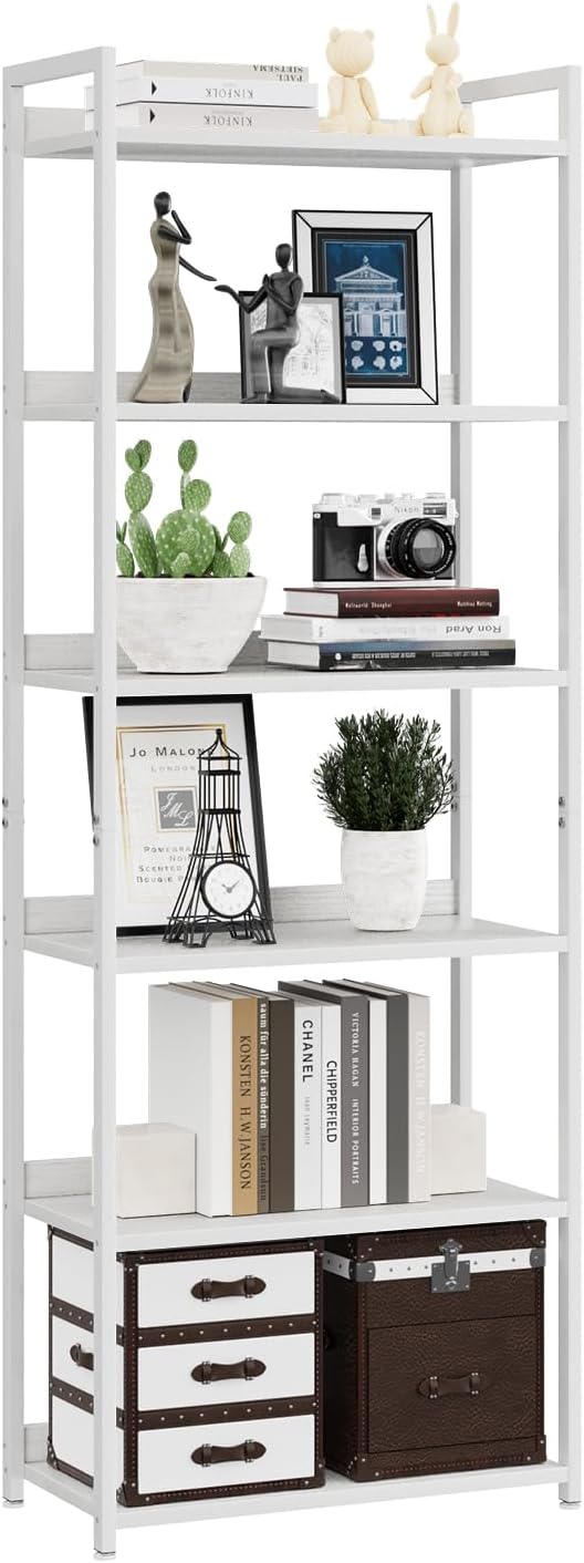NUMENN Bookshelf, 6 Tier Freestanding Shelving Unit, White | Metal Frame & Wood Shelves, Falling Prevention Baffle, Open Storage Bookcase for Bedroom, Living Room & Home Office