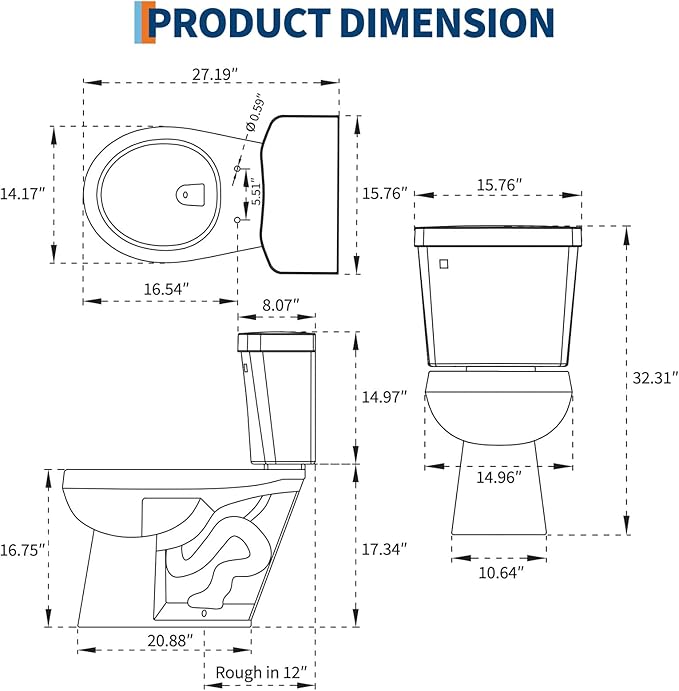 Two Piece Toilet, 17" Round with Upgraded Flushing, Single Handle (Side Mounted), Includes Soft-Close Seat & Hardware, White, 12" Rough-in