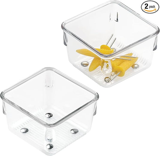iDesign Linus Plastic Drawer Organizer, 3" x 3" x 2", Set of 2, Clear | Storage Container, For Vanity, Bathroom, Kitchen Drawers