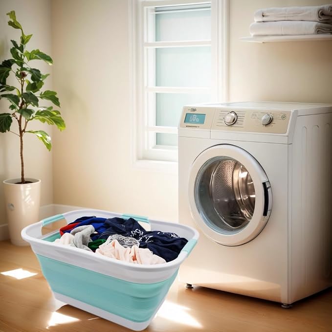 SAMMART 30L (8 gallon) Collapsible Plastic Laundry Basket - Foldable Pop Up Storage Container/Organizer - Portable Washing Tub - Water Capacity 24L(6.3 gallon) (1, White/Lake Green)
