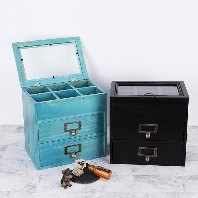 Small Wooden Drawers Wooden Box with Drawer Blue | 2 Drawer Storage Box for Apothecary Cabinet, Apothecary Drawers，Desktop Organizer with Metal Handles for Office，Home