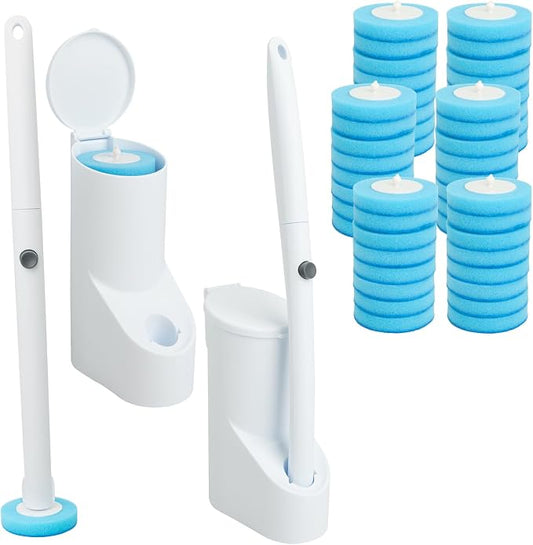 IwIeIaIrI 2 Pack Disposable Toilet Brush and Holder Set with 48 Toilet Wand Refills, Bowl Toilet Brush with Wall Mounted Holder, Limescale Remover Cleaning for Bathroom Cleaning, Bathtub(Cylinder)