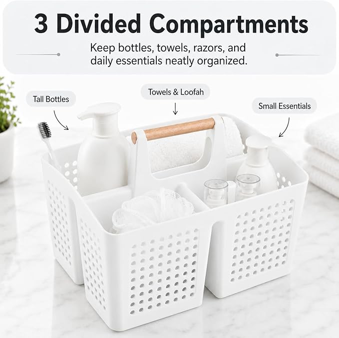 Portable Shower Caddy Basket with Wood Handle, 3-Compartment Bathroom Organizer Tote with Drain Holes, Plastic Shower Basket for Dorm, Toiletries, Cleaning Supplies, White
