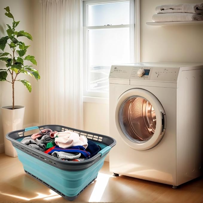 SAMMART 42L (11 Galloons) Collapsible Plastic Laundry Basket - Foldable Pop Up Storage Container/Organizer - Portable Washing Tub - Space Saving Hamper/Basket [BPA Free] (Grey/Crystal Blue)