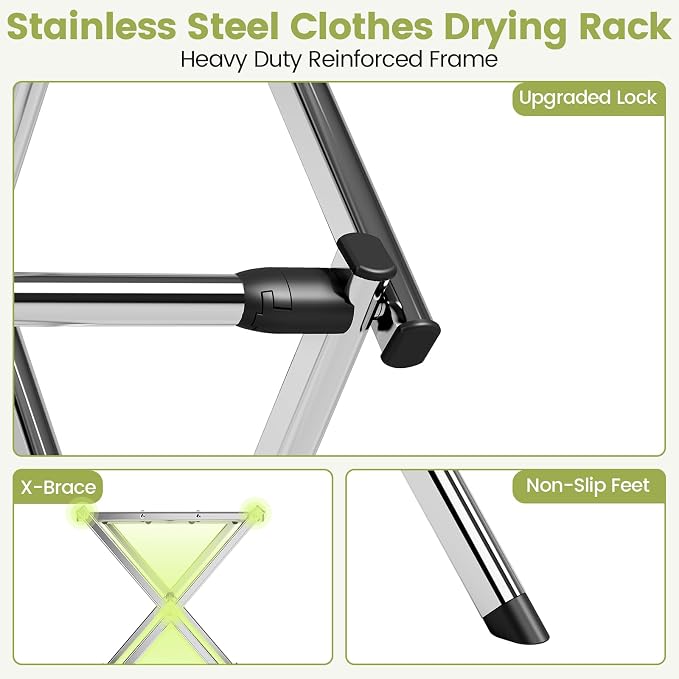 Stainless Steel Clothes Drying Rack, 45.28" H × 14.57" D | Foldable & Extendable, Adjustable Size (24.76"-35.51"L), Space-Saving, Rust-Resistant Frame, Indoor/Outdoor Use, Silver
