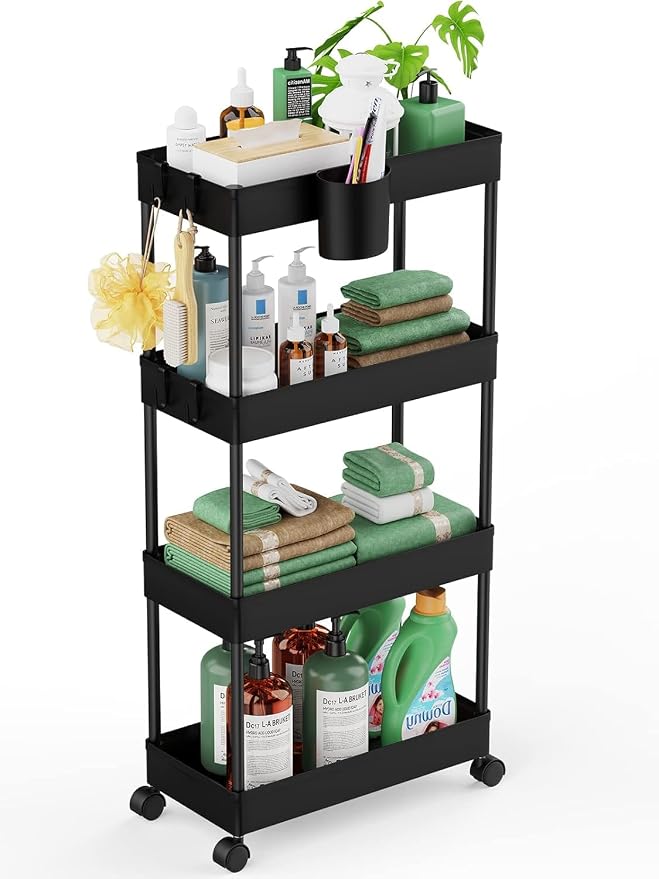 LEHOM Slim Rolling Storage Cart - 4 Tiers Bathroom Organizer Utility Cart | Slide Out Storage Shelves Mobile Shelving Unit for Kitchen, Bedroom, Office, Laundry Room, Small Narrow Spaces (7.1" W+Black)