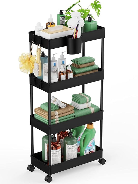 LEHOM Slim Rolling Storage Cart - 4 Tiers Bathroom Organizer Utility Cart | Slide Out Storage Shelves Mobile Shelving Unit for Kitchen, Bedroom, Office, Laundry Room, Small Narrow Spaces (7.1" W+Black)