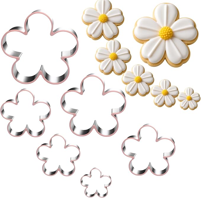 LUBTOSMN 6 Piece Flower Cookie Cutters Set, Silicone Rim Baking Set | Dishwasher-safe stainless steel cutters from 1" to 4" for cookies, fondant, sandwiches, party treats and family baking