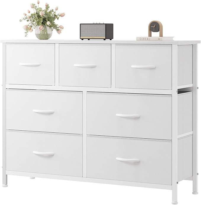 OLIXIS 7 Drawer Closet Organizer, Storage Tower with Sturdy Steel Frame | White Dresser for Bedroom, Wooden Top & Easy Pull Fabric Bins, Clothes Organization, Living Room Entryway