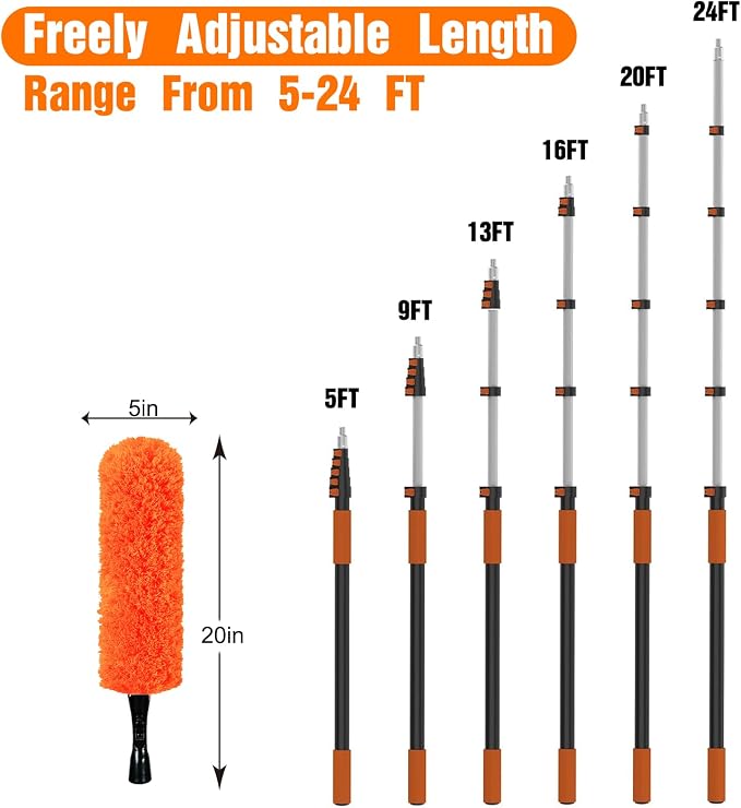 LAANPOLE 30FT Reach Dusters for Cleaning, Ceiling Fan Cleaner Duster with Extension Pole, Wall and Baseboard Cleaner Mop with Handle for Window Cobweb Fan Blade and High Ceiling