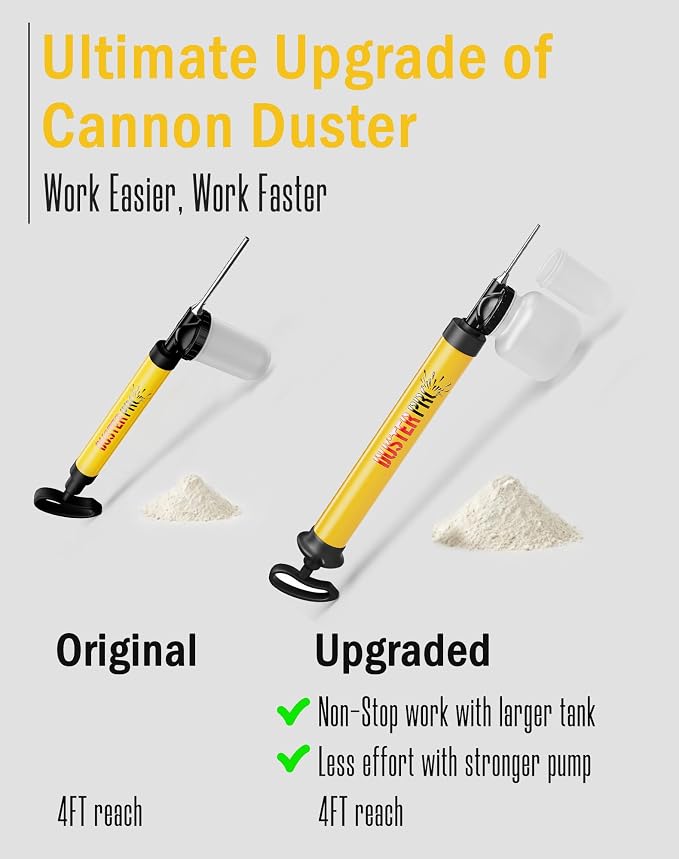 Diatomaceous Earth Cannon Pump Large Capacity Powder Duster with 4FT Reach | High-Efficiency Dusting•No More Sore Hand•Adjustable Powder Output•Dual-Tank Flexibility•Clog Free•Powder Applicator