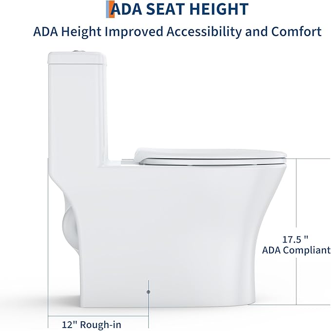 17.5" Elongated One-Piece Toilet with V-Shaped Cover & ADA Height, Soft-Close PP Seat & Easy-Clean Ceramic Surface, Water-Efficient Flush & Compact Design