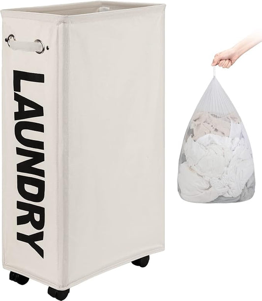 DOKEHOM 29" Enlarged Slim Rolling Laundry Basket Hamper on Wheels, Beige | Collapsible tall laundry hamper with removable mesh wash bag. Foldable narrow corner clothes storage bin for small spaces