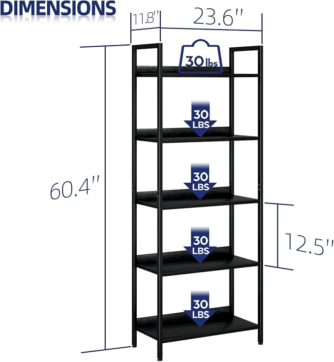 NUMENN Bookshelf, 5 Tier Freestanding Shelving Unit, Black | Metal Frame & Wood Shelves, Falling Prevention Baffle, Open Storage Bookcase for Bedroom, Living Room & Home Office