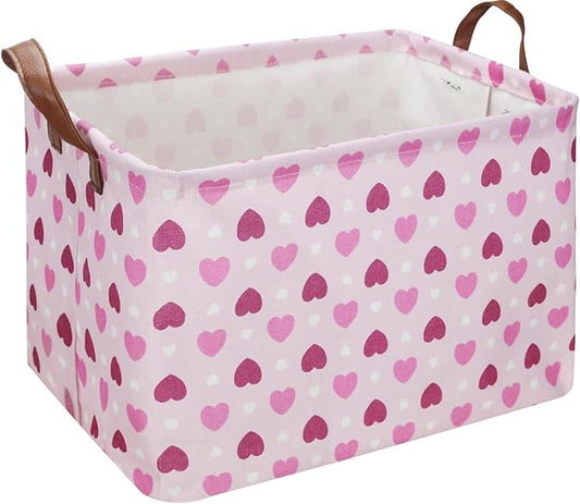 NTAOHAMPER Rectangular Pink Heart Gift Basket Empty,Fabric Storage Basket with Handles,Kids Toys/Books Box,Lovely Storage Bin,Room Decor(Pink Love)